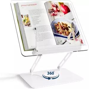 하우토코 조절 가능한 아크릴 책꽂이 360 회전 베이스 탄력 있는 페이지 클립이 접이식 데스크톱 노트북용