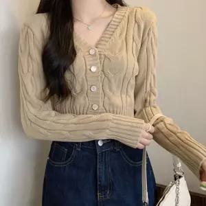 여성 꽈배기 패턴 짧은 크롭 스타일 브이넥 가디건봄자켓 여자 니트 가디건 가을 간절기 체크 라운드