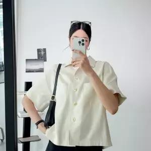 여자 린넨 루즈핏 퍼프 소매 뒷트임 반팔 셔츠 남방