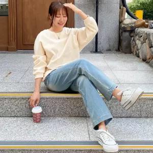 여자 히든밴딩 하이웨스트 투버튼 일자핏 스판 데님 팬츠