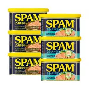(CJ제일제당) 스팸 클래식 200G 3개 + 스팸 25프로 라이트(마일드) 200G 3개 (총6