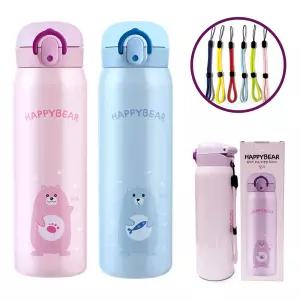 해피베어 원터치 보온보냉병 스트랩, 핑크 + 스카이블루, 500ml, 각 1개