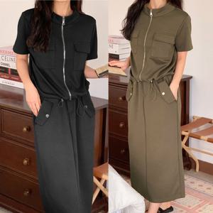 세트 반팔 집업 점퍼 밴딩 슬릿 스커트 여름 여성 투피스