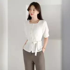 [시크라인] 소이지 스퀘어넥 리본벨트 린넨 블라우스
