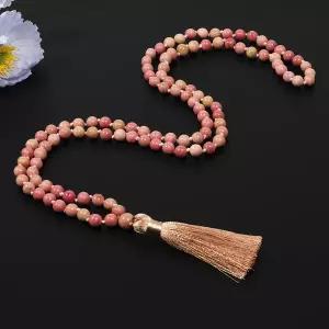 매듭묵주 로도크로사이트 비즈 매듭 108 말라 롱 목걸이 명상 요가 기도용 Japamala 여성용 쥬얼리 8mm