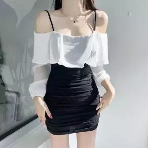 글램룩,섹시룩,파티룩,타이트핏쉬폰오프숄더 날개원피스 스판셔링 미니원피스 글램룩