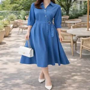 [꼼빠니아]여성 봄여름 7부 블루 벨티드 롱 원피스 CAEU3-WOP050