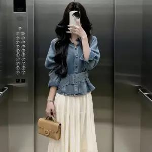 벨트포인트 데님자켓 플리츠투피스 올링브투피스