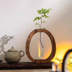 호두나무 중국식 원목 꽃병 데스크탑 유리 미니 수경재배 화병 고급스러운 우아한 장식품