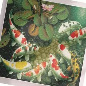 패브릭형 보석십자수 연못속의 잉어 도안 장식품 부자재포함