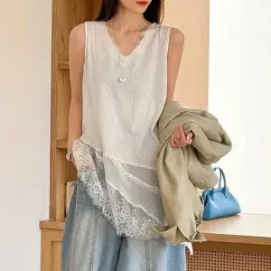 아망 언발 레이스 롱면나시 티셔츠_M4706