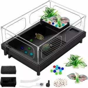 고질라 작은 거북이 수조 스타터 키트 게 가재 파충류를 위한 다기능 공간이 있는 아크릴 수족관 흰색