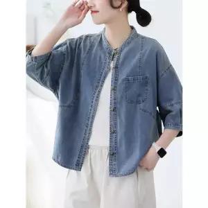 여성 청 캐주얼 여름 라운드 셔츠 무지데님 블라우스 슬림핏 소매 반팔 7부 ST2
