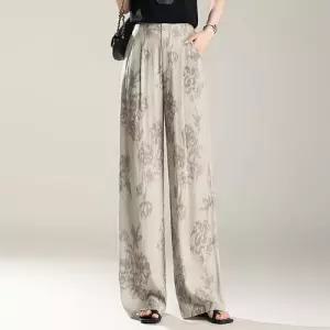여름 빈티지 캐주얼 바지 여성용 슬랙스 프린트 린넨 와이드 프렌치 슬림핏 일자 통굽슬리퍼 OP2