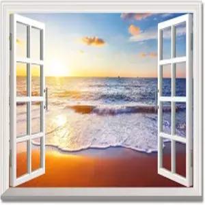 Woxfcart 해변 선셋 캔버스 월 아트 가짜 열린 창문 바다 자연 경관 그림 보기 프린트 옐로우 홈 데코 36 x