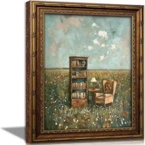 빈티지 골드 액자 독서 벽 아트 기발한 책 애호가 회화 캔버스 인상파 꽃밭 그림 장식 프렌치 러스틱 누크