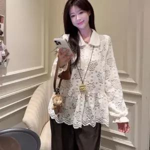 펀칭 플라워 블라우스 플레어 물결 퍼프 밴딩 카라