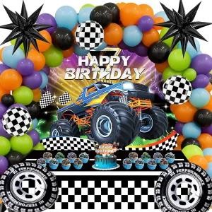 SparkTuTu 158pcs 몬스터 트럭 생일 장식 기계 잼 파티 용품 풍선 아치 경주용 바퀴 호일 식탁보 배경