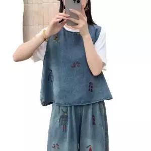 데님 봄 빈티지 여자조끼 자수 조끼 라운드 민소매 풀오버 솔리드 톱 ible1