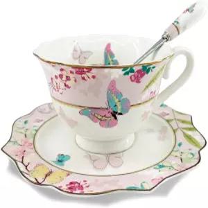 크리스클로브 빈티지 세라믹 찻잔 숟가락과 접시 세트가 포함된 우아한 커피 컵 로얄 본 차이나 찻잔(핑크)