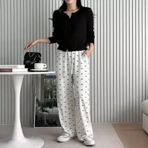 여성 일자팬츠 허리밴딩 리본 골지 바지 홈웨어 4색 (HSJ-WFH9AX1)
