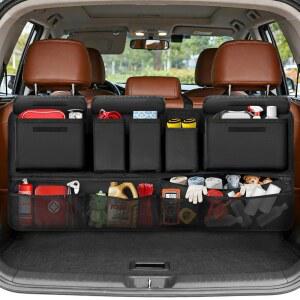 SUV용 트렁크 정리함, 43인치 x 19인치 대용량 자동차 정리함 및 보관함, 10개의 포켓이 있는 뒷좌석 걸이식 보관 가방, SUV 트럭 MPV용 조절 가능 방수 내부 액세서리