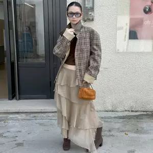 하프 빈티지 여자하프코트 봄코트 스트리트 정반사 체크 트렌치 오버핏 자켓 ible1