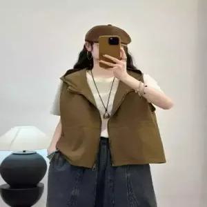 빈티지 캐주얼 여자후드가디건 솔리드 후드 조끼 투포켓 민소매 카디건 톱 ible1