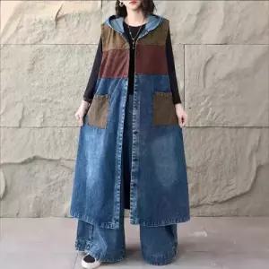 롱 청 빈티지 캐주얼 여자후드가디건 후드 민소매 위에 카디건 조끼 ible1