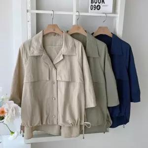 여성 바스락 언발 스트링 반팔 카라넥 셔츠