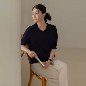 [하프클럽/엘리시아]실크 데일리 브이 반팔 니트 티