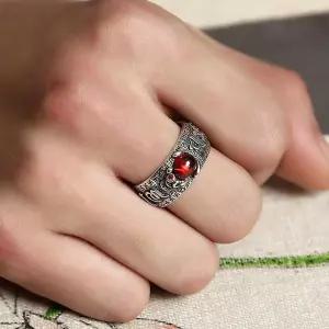 S925 가닛 석류석 두꺼비 심경 남여공용 레트로 반지 XPL8+4OQt