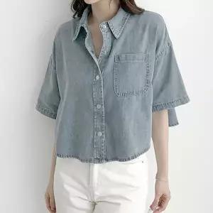 [하프클럽/삐까삐까]포켓 오픈 카라 반팔 데님 셔츠 세미 크롭 청남방 면 셔츠자켓