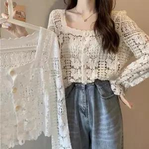 뜨개 스퀘어넥 크로셰 긴팔가디건 여성 크로쉐 질가디건