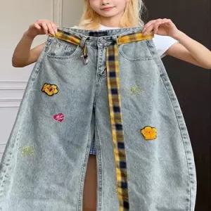 남자 팬츠 청 빈티지 배기핏 플란넬 체크 벨트 워싱 연청 커프 와이드 슬리퍼 KS1