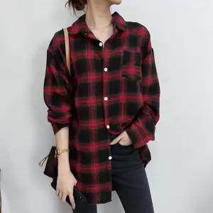 여성 레드 블랙 체크셔츠 오버핏 스트릿룩블라우스 여자 남방 봄셔츠