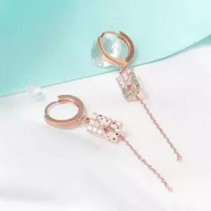 회사원귀걸이 금침 로즈골드 원터치링 스퀘어 체인 드롭 귀걸이 14K