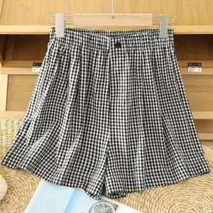 팬츠 캐주얼 여름 여사친 허리밴딩 부 면마 슬림 배기 체크 면린넨 KS2