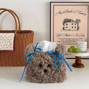 귀여운 뽀글 강아지 리본 티슈케이스 소품 휴지케이스 단일색상 1개