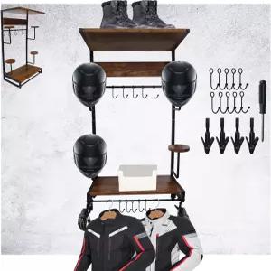 오토바이 헬멧 홀더 벽걸이 기어 후크 랙 보관 행거 디스플레이 스탠드 축구 2겹 나무 보드 및 4개의 모자