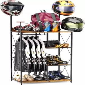 BEGULF 바닥 스탠딩 모터사이클 헬멧 홀더 대형 기어 랙 4 걸이 3 in 1 보관 블랙