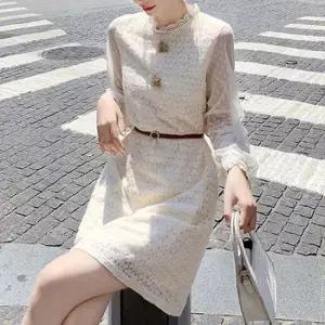 가을미니원피스 플라워 레이스 자수 시스루 소매 소프트 안감 브로치