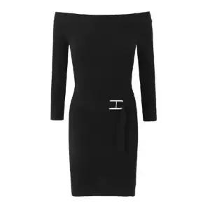 원피스 치마 니트 검정 여성용 가을 힙색 벨트 긴팔 장식 일자 어깨 OP3