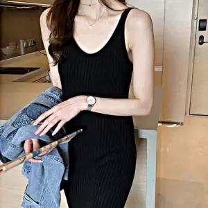 여자 브이넥 슬림핏 니트 골지 스타일 나시 원피스