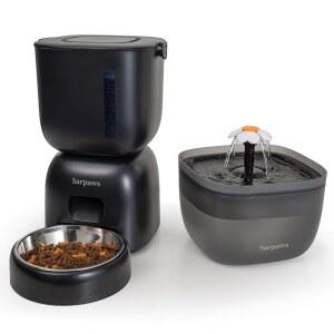 자동 고양이 급수기 및 FW1, 전선 또는 배터리 사료 디스펜서 타이머 애완동물 - 잠금 뚜껑, 건조제 봉투, 프로그래밍 가능한 부분 제어, 일일 식사 4회, 10초