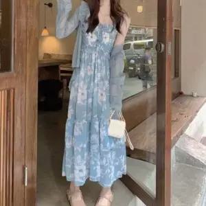 여성원피스 스모크 밴드 프릴 넥라인 디테일 플라워 패턴 원피스