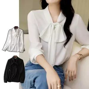 리본 스카프 블라우스 행사 파티 모임 셔링 쉬폰 긴팔