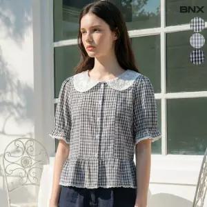 여성 레이스 카라 프릴 체크 블라우스