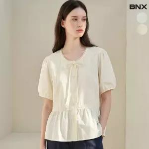 여성 리본 타이 레이스 반팔 블라우스