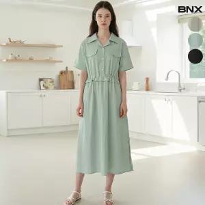 여성 바스락 스트링 포켓 카라 반팔 원피스